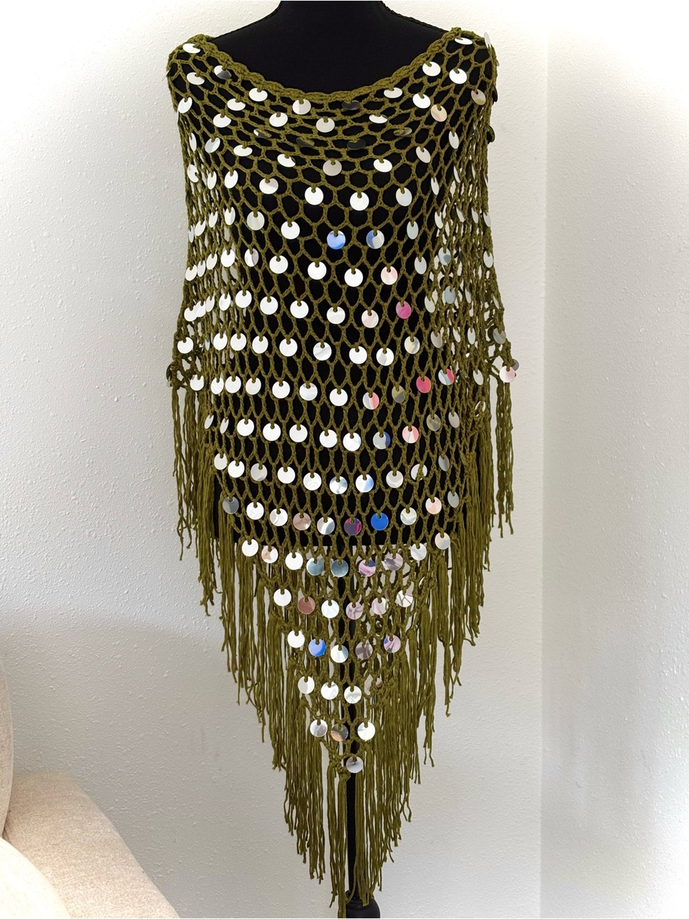 ViVI Olive Green Crochet Sequin Fringe Poncho Wrap